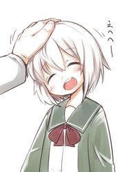  bad_id bad_twitter_id closed_eyes female hand_on_another&#039;s_head headpat highres inactive_account kantai_collection long_sleeves nassukun school_uniform serafuku shimushu_(kancolle) short_hair simple_background smile white_hair 