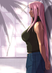  alternate_costume arms_behind_back artist_name bad_id bad_pixiv_id black_sweater breasts casual cowboy_shot dark-skinned_female dark_skin denim earrings eyes_visible_through_hair female from_side gold highres ingrid_(taimanin_murasaki) jeans jewelry kairaku_namakikurage large_breasts long_hair looking_at_viewer mole mole_under_mouth necklace pants pink_hair sleeveless sleeveless_sweater solo standing sweater taimanin_(series) taimanin_murasaki yellow_eyes 