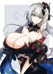  bare_shoulders black_dress black_gloves breasts cleavage collar commentary_request dark_persona dress fate/grand_order fate_(series) female gin_moku gloves hair_ornament highres huge_breasts long_hair looking_at_viewer marie_antoinette_(alter)_(fate) marie_antoinette_(fate) pale_skin partial_commentary side_ponytail skindentation slit_pupils solo spiked_collar spikes white_hair yellow_eyes 