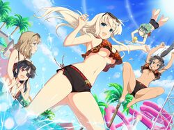  5girls :d :o arms_up bare_shoulders bikini black_hair black_shorts blonde_hair blue_eyes blue_sky blush breasts clear_sky cleavage cloud collarbone commentary_request day eyepatch eyewear_on_head falling fence flat_chest grabbing grabbing_from_behind green_eyes green_hair hair_ornament hairclip haruka_(senran_kagura) highres hikage_(senran_kagura) holding homura_(senran_kagura) jumping large_breasts lens_flare long_hair looking_at_viewer looking_away midriff mirai_(senran_kagura) multiple_girls navel oerba_yun_fang official_art open_mouth outdoors palm_tree ponytail pool red_eyes ribbon rubber_duck senran_kagura senran_kagura_new_link short_hair shorts sky slit_pupils smile splashing sun sunglasses swept_bangs swimsuit tan tree underboob water water_slide wet white_ribbon yaegashi_nan yellow_eyes yomi_(senran_kagura) 