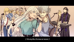  2girls 3boys anastasia_(fate) band bass_guitar belt bon_jovi bracelet caenis_(fate) cross cross_necklace drum drum_set drumsticks earrings electric_guitar fate/grand_order fate_(series) guitar instrument it&#039;s_my_life jewelry kadoc_zemlupus keyboard_(instrument) kirschtaria_wodime kotomine_kirei letterboxed long_hair lyrics microphone multiple_boys multiple_girls music necklace necktie protected_link rasputin_(fate) singing sunglasses sweat tsengyun 