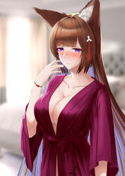  absurdres amagi_(azur_lane) animal_ears arm_at_side azur_lane bedroom blunt_bangs blurry blurry_background blush breasts brown_hair cleavage female fox_ears fox_girl frozen-sad hair_ornament hand_up highres indoors large_breasts light_smile long_hair looking_at_viewer multicolored_hair nose_blush pajamas purple_eyes sash solo two-tone_hair upper_body wide_sleeves 