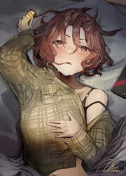  absurdres bed bed_sheet blush bra_strap breasts brown_eyes brown_hair cellphone clock digital_clock female hair_between_eyes hand_on_own_chest highres long_sleeves looking_at_viewer lying medium_breasts messy_hair off_shoulder on_back on_bed open_mouth original phone pillow seven-segment_display short_hair signature smartphone solo sweat sweatdrop sweater uouokuma upper_body 