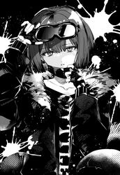  andreana_(arknights) arknights ba_kanoko commentary_request female fingerless_gloves fur-trimmed_jacket fur_trim gloves goggles goggles_on_head greyscale highres jacket long_sleeves looking_at_viewer mask mask_pull monochrome mouth_mask open_clothes open_jacket parted_lips shirt short_hair solo tentacle upper_body 