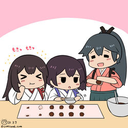  3girls =_= aged_down akagi_(kancolle) ball black_hair black_hakama bowl chocolate closed_eyes commentary_request eating hakama hakama_skirt houshou_(kancolle) japanese_clothes kaga_(kancolle) kantai_collection kimono long_hair megahiyo_(style) multiple_girls one-hour_drawing_challenge pink_kimono ponytail shiromaru_(maniado) side_ponytail sieve skirt smile tasuki upper_body 