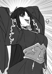  arms_behind_head breasts commentary fangs fangs_out female greyscale japanese_clothes k52 kimono long_hair looking_at_viewer mato_seihei_no_slave monochrome obi sash shikoku_(mato_seihei_no_slave) sidelocks skull slit_pupils small_breasts solo tongue tongue_out tongue_tattoo very_long_hair 