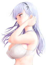  azur_lane bra breasts cleavage covered_nipples dido_(azur_lane) female frilled_hairband frills from_side hairband kasu_(kasunohikari) large_breasts long_hair pink_eyes purple_hair solo underwear upper_body white_bra 