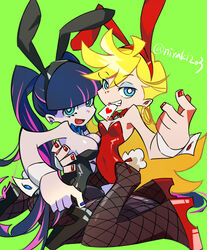  2girls animal_ears black_leotard blonde_hair blue_eyes blue_hair blunt_bangs bow bowtie breasts card card_in_mouth cleavage covered_navel detached_collar fake_animal_ears fake_tail fishnet_pantyhose fishnets high_heels hug large_breasts leotard long_hair looking_at_viewer mouth_hold multicolored_hair multiple_girls nail_polish nirak official_style panty_&amp;_stocking_with_garterbelt panty_(psg) pantyhose playboy_bunny playing_card ponytail purple_hair rabbit_ears rabbit_tail red_leotard siblings simple_background sisters smile stocking_(psg) strapless strapless_leotard tail twitter_username two-tone_hair wrist_cuffs yellow_background 