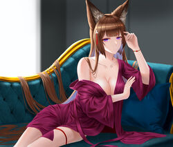  absurdres amagi_(azur_lane) animal_ears azur_lane bare_shoulders blunt_bangs blurry blurry_background breasts brown_hair cleavage couch female fox_ears fox_girl frozen-sad hair_flowing_over hair_ornament hand_up highres large_breasts leaning_to_the_side long_hair looking_at_viewer off_shoulder open_clothes pajamas pillow purple_eyes sitting solo very_long_hair wide_sleeves 