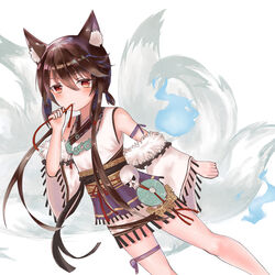  animal_ear_fluff animal_ears bare_shoulders blush brown_eyes brown_hair detached_sleeves female fox_ears fox_girl fox_tail girls_frontline hitodama kitsune long_hair multiple_tails official_alternate_costume riinougat solo tail type_79_(girls_frontline) very_long_hair 