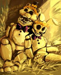  2023 animatronic bear bow_tie detailed digital_media_(artwork) duo empty_eyes fingers five_nights_at_freddy&#039;s flower flower_crown forest golden_freddy_(fnaf) hi_res lagomorph leporid light light_beam machine mammal open_mouth painting plant rabbit robot scottgames shaded spring_bonnie_(fnaf) sunbeam sunlight tree watermark zooskazoo 