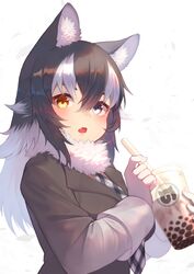  absurdres akuma_(st.takuma) animal_ears black_hair blue_eyes blush breasts bubble_tea commentary drink drinking_straw female fur_collar gloves grey_wolf_(kemono_friends) heterochromia highres kemono_friends multicolored_hair oerba_yun_fang open_mouth plaid_neckwear simple_background skin_fang solo two-tone_hair white_background white_gloves white_hair wolf_ears wolf_girl yellow_eyes 