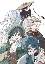  4boys ;d akahito_(genshin_impact) beret black_hair blue_eyes blue_hair blunt_bangs braid cape chinese_clothes facing_away female genshin_impact gradient_hair green_eyes green_headwear hair_between_eyes hair_ornament hat hat_ornament highres holding japanese_clothes jingasa kaedehara_kazuha kamisato_ayaka kuronushi_(genshin_impact) long_hair long_sleeves looking_at_viewer looking_to_the_side moai_on monocle multicolored_hair multiple_boys one_eye_closed open_mouth ponytail red_eyes red_hair scaramouche_(genshin_impact) scarf short_hair short_hair_with_long_locks sidelocks simple_background smile streaked_hair suikou_(genshin_impact) sumizome_(genshin_impact) twin_braids upper_body venti_(genshin_impact) white_background white_hair xingqiu_(aoi_no_okina)_(genshin_impact) xingqiu_(genshin_impact) yellow_eyes 