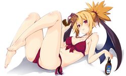  bare_arms bare_legs bare_shoulders barefoot bat_wings bikini blonde_hair breasts demon_girl disgaea female full_body iwashi_dorobou_-r- looking_at_viewer makai_senki_disgaea_2 medium_breasts navel pointy_ears red_bikini red_eyes rozalin side-tie_bikini_bottom sidelocks simple_background smile solo swimsuit white_background wings 