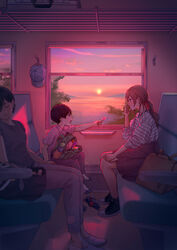  1boy 2girls absurdres backpack bag baseball_cap bottle brown_hair brown_skirt candy cloud comforting crying food giving handbag hat highres lolicon lollipop macaronk multiple_girls open_mouth original pants pink_theme ponytail shirt shoes short_hair shoulder_bag sitting skirt sleeping sneakers socks striped_clothes striped_shirt suitcase sunset train_interior unworn_hat unworn_headwear unworn_shoes water_bottle white_footwear window 