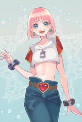  beauty_(bobobo-bo_bo-bobo) belt blue_eyes bobobo-bo_bo-bobo collarbone crop_top denim earrings female heart highres jeans jewelry looking_at_viewer midriff navel open_mouth pants pink_hair short_hair short_sleeves smile solo standing sudakoyarou 