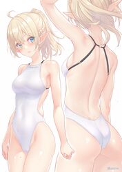  ahoge arm_up artist_name ass backless_swimsuit bare_arms bare_shoulders blonde_hair blush braid breasts collarbone commentary_request competition_swimsuit covered_navel dan_(kumadan) elf female fingernails from_behind highleg highleg_swimsuit highres long_hair looking_at_viewer md5_mismatch medium_breasts mole mole_on_leg mole_under_eye multiple_views one-piece_swimsuit original parted_lips pointy_ears ponytail shiny_skin signature simple_background skin_tight swimsuit thighs water water_drop wet white_background white_one-piece_swimsuit 