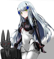  absurdres akira1408 alternate_costume armored_bodysuit black_bodysuit bodysuit breasts cross_hair_ornament girls&#039;_frontline green_eyes grey_hair hair_ornament highres hip_gear hk416_(girls&#039;_frontline) hk416_(midnight_evangelion)_(girls&#039;_frontline) long_hair md5_mismatch medium_breasts multicolored_bodysuit multicolored_clothes non-humanoid_robot official_alternate_costume resolution_mismatch robot robot_animal robot_dog shadow shirt simple_background source_smaller teardrop teardrop_facial_mark teardrop_tattoo white_bodysuit white_shirt 