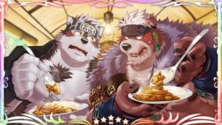  2022 anthro bear belly big_belly blush canid canine canis coat_cape countershading detailed detailed_background detailed_food duo food grey_body horkeu_kamui_(tas) humanoid_hands inside kemono kimun_kamui_(tas) lifewonders male mammal overweight overweight_male scar takemoto_arashi tent tokyo_afterschool_summoners wolf 