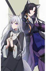  2girls absurdres ak-12_(girls&#039;_frontline) alternate_costume animal_ears arknights black_hair changpan_hutao closed_eyes commentary_request creator_connection cross cross_necklace crossover dog_ears dog_girl dog_tail facial_mark forehead_mark girls&#039;_frontline gloves grey_hair habit highres holding holding_polearm holding_weapon japanese_clothes jewelry kemonomimi_mode kimono long_hair looking_at_viewer multiple_girls naginata necklace nun own_hands_clasped own_hands_together polearm praying purple_eyes purple_gloves purple_kimono red_eyes robe saga_(arknights) spear tail traditional_nun unusually_open_eyes weapon 