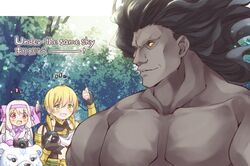  2boys ainu_clothes bear black_hair blonde_hair camera fate/grand_order fate/stay_night fate_(series) female goshipiumu green_hair hairband heracles_(fate) illyasviel_von_einzbern jason_(fate) light_brown_hair long_hair messy_hair multiple_boys polar_bear purple_hairband red_eyes shirou_(bear)_(fate) short_hair sitonai_(fate) smile 