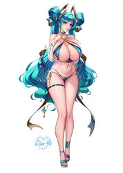  absurdres aqua_hair artist_name bare_shoulders bikini blue_eyes blue_hair blush breasts cian_yo cleavage collarbone criss-cross_halter earrings feet female full_body gradient_hair hair_ornament halterneck highres huge_breasts jewelry league_of_legends legs long_hair looking_at_viewer multicolored_hair navel ribbon sandals shiny_swimsuit simple_background skindentation solo sona_(league_of_legends) standing swimsuit thigh_strap thighs toenails toes twintails very_long_hair white_background 