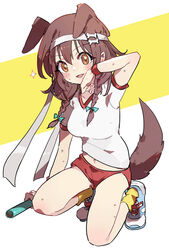  :d animal_ears blue_bow bone_hair_ornament bow braid breasts brown_eyes brown_hair cartoon_bone commentary_request dog_ears dog_girl dog_tail female full_body gym_shirt gym_uniform hair_between_eyes hair_ornament hair_over_shoulder hairbow hand_up headband holding hololive inugami_korone looking_at_viewer medium_breasts midriff_peek navel oerba_yun_fang on_one_knee relay_baton shadowsinking shirt shoes short_sleeves smile socks solo sweat tail twin_braids two-tone_background virtual_youtuber white_background white_footwear white_headband white_shirt wiping_sweat yellow_background yellow_socks 