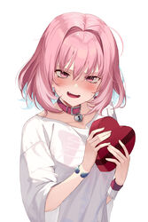  ahoge bad_id bad_twitter_id blush box bracelet chocolate collar collarbone commentary female food hair_between_eyes hair_intakes heart-shaped_box highres holding holding_chocolate holding_food idolmaster idolmaster_cinderella_girls jewelry locket looking_at_viewer medium_hair open_mouth pendant pink_collar pink_eyes pink_hair shirt short_sleeves simple_background smile solo soya_(torga) sweat sweatdrop upper_body white_background white_shirt yumemi_riamu 