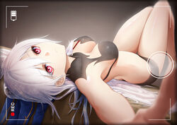  black_panties breasts brown_background chinese_commentary closed_mouth commentary_request covered_collarbone fake_phone_screenshot fake_screenshot female hair_ribbon highres honkai:_star_rail honkai_(series) jingliu_(honkai:_star_rail) knees_up long_hair lying medium_breasts on_back paid_reward_available panties reaching reaching_towards_viewer recording red_eyes ribbon royboy solo underwear upside-down viewfinder white_hair 