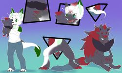  2019 ambiguous_gender anthro black_claws black_nose canid canine carrying_another claws clothing dinodoggo feral fur generation_5_pokemon green_inner_ear hair highlights_(coloring) hybrid mammal nintendo open_mouth pokemon pokemon_(species) ponytail red_claws red_hair red_inner_ear sharp_teeth sitting standing teeth transformation tuft white_body white_fur zoroark zorua 