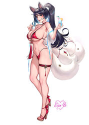  ahri_(league_of_legends) animal_ears bikini black_hair blue_eyes breasts choker cian_yo cup drinking_glass facial_mark female food fox_ears fox_girl fox_tail fruit full_body high_heels large_breasts league_of_legends lemon lemon_slice lipstick makeup multiple_tails ponytail red_bikini red_choker sandals swimsuit tail thick_thighs thigh_strap thighs whisker_markings white_background 