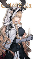  animal_ears antlers antlers_through_headwear arknights artist_name asa_moi belt black_dress blonde_hair blue_eyes breasts candle cape cowboy_shot dress female from_side gauntlets highres hood hooded_cape horns large_breasts long_hair looking_at_viewer profile simple_background smile solo very_long_hair viviana_(arknights) white_background white_cape 