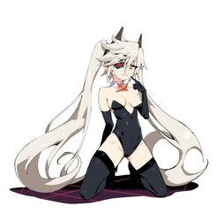  bad_id bad_twitter_id bare_shoulders black_leotard blush breasts commentary_request detached_collar djmax djmax_respect elbow_gloves eyepatch fail_(djmax) female full_body girls&#039;_frontline gloves grey_hair high_heels highleg highleg_leotard highres kinbakuman kneeling korean_commentary leotard long_hair medium_breasts oerba_yun_fang red_eyes solo spread_legs strapless strapless_leotard thighhighs twintails very_long_hair 