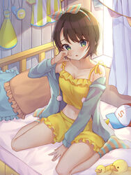  absurdres adapted_costume bare_shoulders baseball_cap bed blush bow breasts brown_hair cleavage collarbone curtains female frilled_shorts frills full_body green_eyes hairband hairbow hat head_tilt highres hololive indoors jacket long_sleeves looking_at_viewer medium_breasts midriff navel off_shoulder on_bed oozora_subaru open_mouth pajamas poe_(528yuzunon) short_hair short_shorts shorts sitting socks solo stomach striped_clothes striped_socks stuffed_animal stuffed_duck stuffed_toy swept_bangs unworn_headwear virtual_youtuber wariza window 