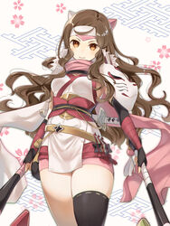  black_thighhighs blush brown_eyes brown_hair commentary_request female fire_emblem fire_emblem_fates gloves hana_(fire_emblem) hana_(ninja)_(fire_emblem) haru_(nakajou-28) headband highres holding holding_weapon japanese_clothes katana long_hair obi pink_scarf sash scarf shuriken single_thighhigh smile solo sword thighhighs thighs weapon 