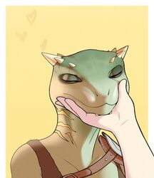  anthro argonian bethesda_game_studios closed_eyes clothed clothing cokesero countershading deeja duo female green_body heart_symbol hi_res human mammal microsoft scalie simple_background skyrim solo_focus the_elder_scrolls 