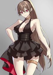  azur_lane bare_arms bare_shoulders black_dress breasts brown_hair choker closed_mouth cowboy_shot dress female grey_background hair_between_eyes hair_ornament halter_dress halterneck high-waist_sideboob high_ponytail highres jean_bart_(azur_lane) jean_bart_(uninhibited_bloodstone)_(azur_lane) large_breasts long_hair looking_at_viewer official_alternate_costume ouka_(sakura_oinari) ponytail red_eyes short_dress sideboob sidelocks sleeveless sleeveless_dress solo standing thighlet thighs very_long_hair 