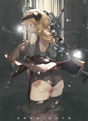  absurdres arknights ass black_gloves black_shorts black_thighhighs blonde_hair chinese_commentary commentary_request copyright_name crossbow demon_horns elbow_gloves female from_behind gloves grey_background grey_sweater gun highres holding holding_gun holding_weapon horns light_particles long_hair looking_at_viewer looking_back meteorite_(arknights) parted_lips shorts solo sweater thighhighs thighs torn_clothes torn_thighhighs weapon zygocactus 