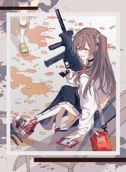  2girls arm_support black_choker black_skirt blood_on_ground brown_eyes brown_hair bullet casual cellphone choker commentary_request full_body girls&#039;_frontline gun h&amp;k_ump highres holding holding_gun holding_weapon id_card long_hair long_skirt long_sleeves looking_at_another multiple_girls official_alternate_costume on_bench open_mouth out_of_frame parted_lips phone rabb_horn red_bag red_footwear sandals scar scar_across_eye shell_casing shirt shoes side_ponytail simple_background sitting skirt smartphone smile sneakers socks solo_focus submachine_gun ump45_(corona_sunset)_(girls&#039;_frontline) ump45_(girls&#039;_frontline) ump9_(bee&#039;s_knees)_(girls&#039;_frontline) ump9_(girls&#039;_frontline) weapon white_shirt white_socks 