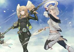  2girls animal_ears black_bodysuit black_choker black_jacket blue_eyes bodysuit breast_tattoo breasts camisole cat_ears chakram chest_jewel choker collarbone eunie_(xenoblade) fadingz head_wings hood jacket large_breasts leggings long_hair long_sleeves looking_at_viewer mio_(xenoblade) multiple_girls open_clothes open_jacket pantyhose pleated_skirt short_hair shoulder_strap simple_background skirt small_breasts tank_top tattoo weapon white_camisole white_hair white_jacket white_skirt white_tank_top wings xenoblade_chronicles_(series) xenoblade_chronicles_3 yellow_eyes 