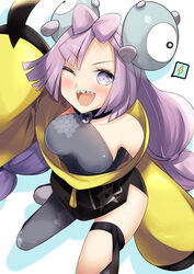  bow-shaped_hair breasts character_hair_ornament female hair_ornament hexagon_print iono_(pokemon) jacket jokerace03 long_hair low-tied_long_hair one_eye_closed oversized_clothes pokemon pokemon_sv sharp_teeth shirt single_leg_pantyhose sleeveless sleeveless_shirt sleeves_past_wrists teeth x yellow_jacket 