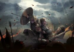  2boys arrow_(projectile) askeladd battle beard blonde_hair blood facial_hair fighting_stance fire highres kirinsansan male_focus multiple_boys shield short_hair sword thorfinn viking vinland_saga weapon 