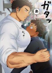  2boys absurdres age_difference bara between_pectorals black_hair black_shirt blush closed_mouth collared_shirt hashikure_taro head_between_pecs highres hug large_pectorals looking_at_another male_focus multiple_boys muscular muscular_male necktie onii-shota original pectorals salaryman shirt short_hair translated undercut upper_body white_shirt yaoi 