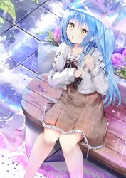  aizawa_(aizawatsu) blue_hair blush brown_dress cardigan colored_tips commentary_request dress feet_out_of_frame female flower frilled_dress frills grey_cardigan highres holding holding_umbrella hololive hydrangea knees_together_feet_apart leaf long_hair long_sleeves looking_away looking_up md5_mismatch multicolored_hair official_alternate_costume official_alternate_hairstyle open_cardigan open_clothes plaid plaid_dress purple_flower rain sitting solo transparent transparent_umbrella umbrella very_long_hair virtual_youtuber yellow_eyes yukihana_lamy yukihana_lamy_(casual) 