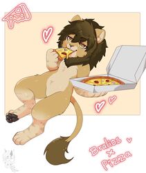  2021 absurd_res anthro barefoot black_pawpads brown_hair cheese chibi container dairy_products dated digital_media_(artwork) eating english_text feet felid food fungus fur hair heart_symbol hi_res hindpaw holding_container holding_food holding_object holding_pizza holding_pizza_box lion male mammal mane mushroom pantherine pawpads paws pepperoni pizza pizza_box shaded simple_background solo tail tail_tuft tan_body tan_fur text thericegoat tuft yellow_eyes 