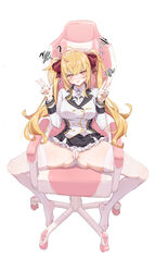  ? @_@ absurdres ahoge blazer blonde_hair bow cameltoe chair double_v etoile female gaming_chair hair_ribbon hairbow highres jacket long_hair looking_at_viewer miniskirt nijisanji on_chair open_mouth panties partially_visible_vulva ribbon school_uniform sitting skirt solo spread_legs swivel_chair takamiya_rion takamiya_rion_(1st_costume) twintails underwear v virtual_youtuber 