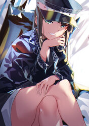  absurdres alternate_costume bare_legs black_headwear black_jacket blunt_bangs brown_hair commentary_request crossed_legs feet_out_of_frame female green_eyes grin hand_on_own_chin highres jacket kurosawa_dia leaning_forward long_hair long_sleeves looking_at_viewer love_live! love_live!_sunshine!! mole mole_under_mouth parted_lips sitting smile solo teeth yamaori_(yamaorimon) 