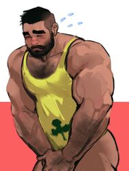  1boy animal_crossing ass bara beard blush bottomless chest_hair covering_crotch covering_privates dopey_(dopq) embarrassed facial_hair flying_sweatdrops highres male_focus moustache muscular muscular_male naked_shirt original pectoral_cleavage pectorals shirt short_hair solo tank_top teddy_(animal_crossing) thick_eyebrows thighs undercut yellow_tank_top 