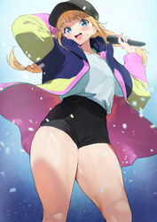  :d baseball_cap black_shorts blonde_hair blue_eyes braid confetti female from_below hat holding holding_microphone ikuchan_kaoru jacket long_hair looking_at_viewer looking_down microphone multicolored_clothes multicolored_jacket paripi_koumei shirt shirt_tucked_in shorts simple_background smile solo teeth thick_thighs thighs tsukimi_eiko twin_braids upper_teeth_only white_shirt 