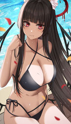  bikini black_bikini black_hair blue_archive blunt_bangs breasts closed_mouth collarbone falling_petals female flower gaitoou hair_flower hair_ornament halo hand_up highres large_breasts long_hair looking_at_viewer multi-strapped_bikini navel petals ponytail red_eyes side-tie_bikini_bottom sidelocks sitting solo stomach swimsuit tsurugi_(blue_archive) tsurugi_(swimsuit)_(blue_archive) very_long_hair water wavy_hair wet 